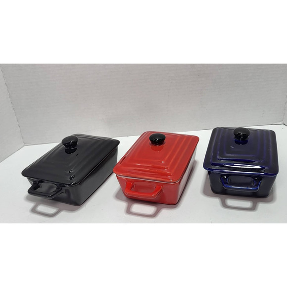 Mini Casserole Meatloaf Bread Loaf Bakeware w. Lid Red Black Navy Blue Set of 3 - Picture 3 of 9